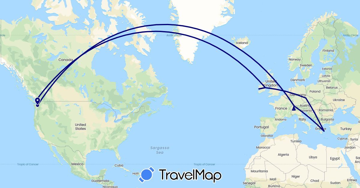 TravelMap itinerary: driving in Canada, Switzerland, Czech Republic, Greece, Ireland, Iceland, United States (Europe, North America)